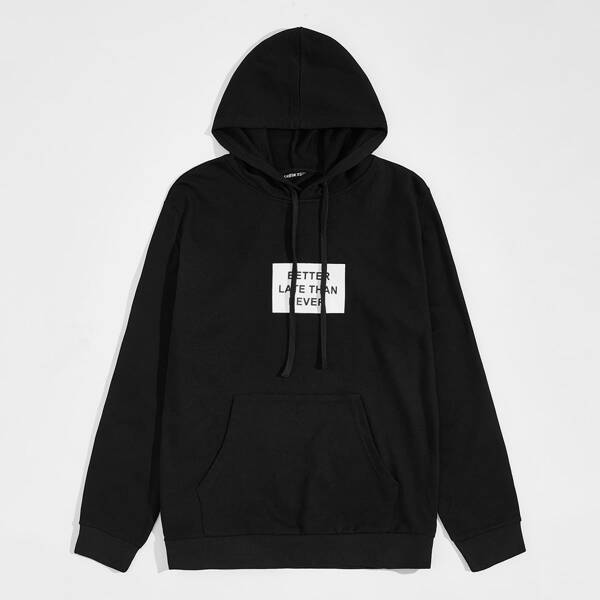 

Men Slogan Graphic Kangaroo Pocket Drawstring Hoodie, Black
