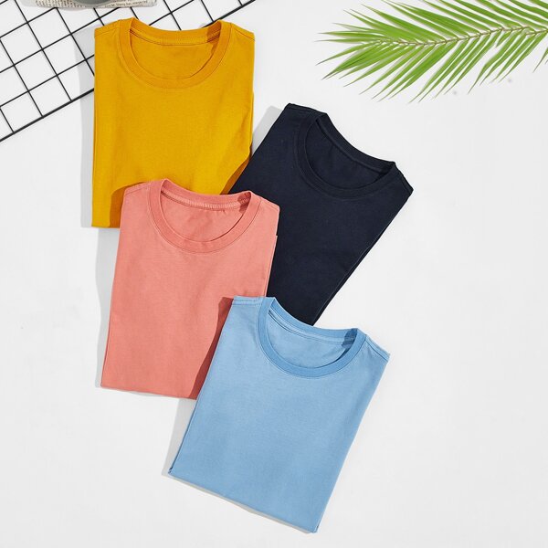 

Men 4pcs Solid Round Neck Tee Set, Multicolor