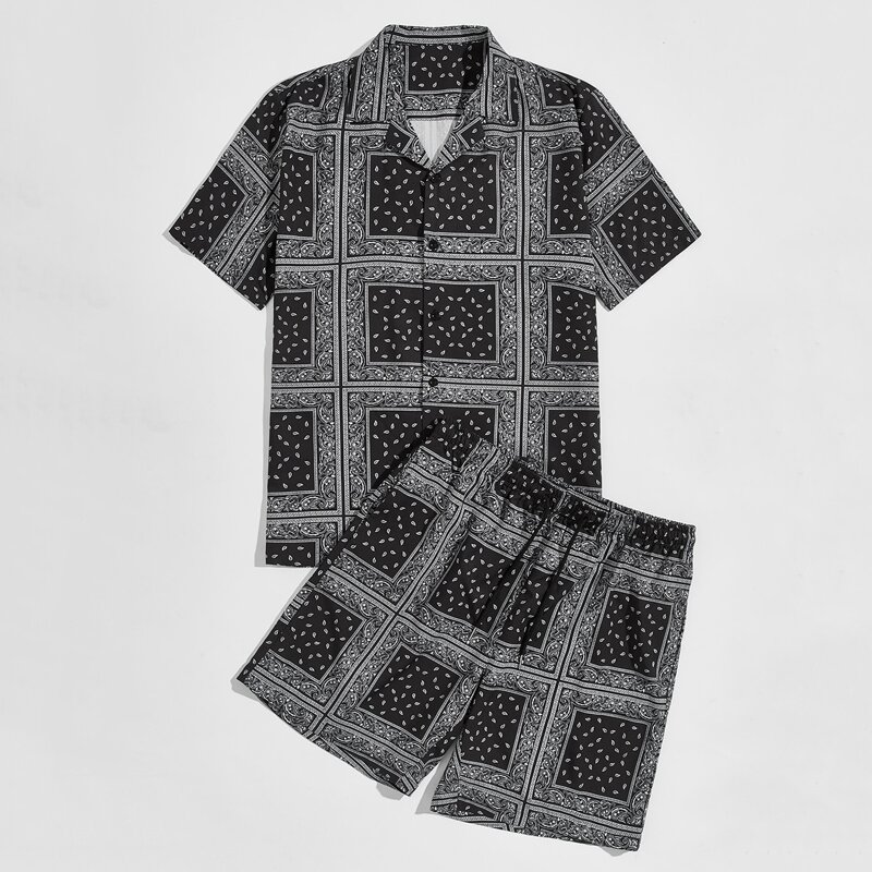 

Guys Scarf & Paisley Print Shirt & Drawstring Shorts, Black