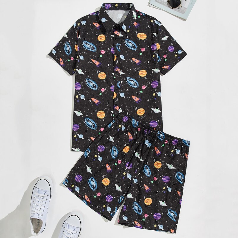 

Guys Galaxy Print Shirt & Drawstring Shorts, Black