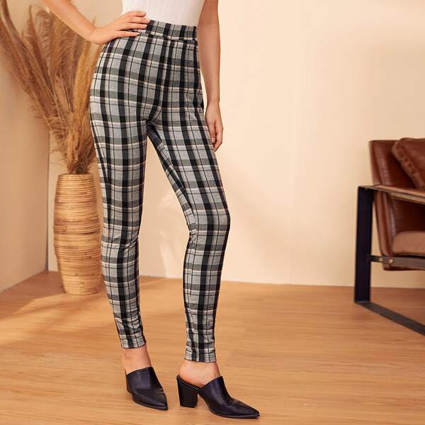 

Elastic Waist Plaid Leggings, Multicolor