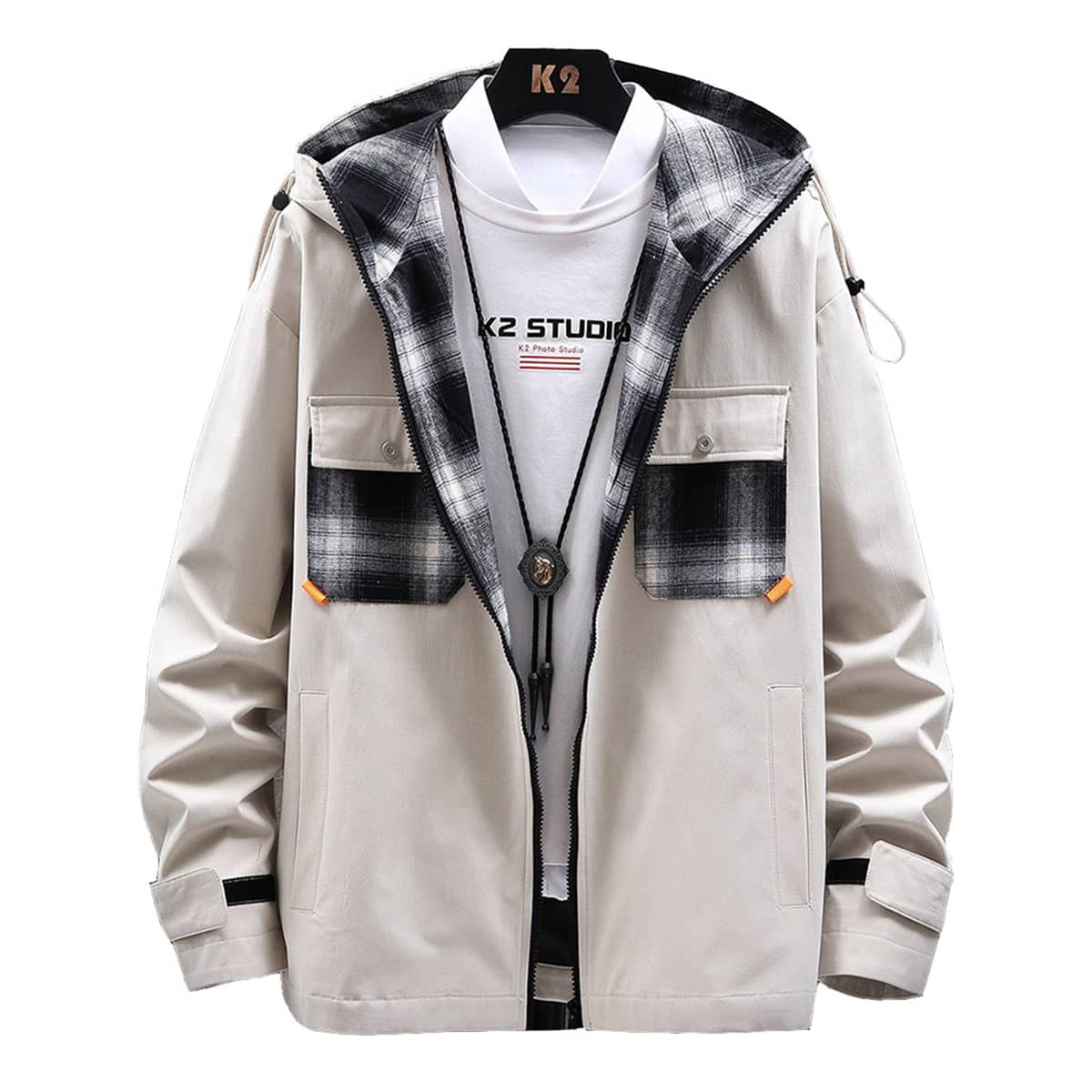 

Guys Tartan Panel Flap Pocket Hooded Coat, Beige