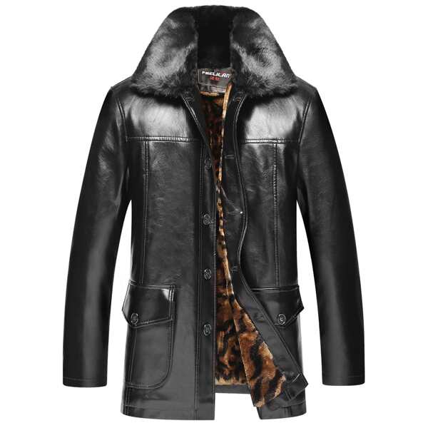

Men Contrast Faux Fur Flap Pocket PU Leather Coat, Black