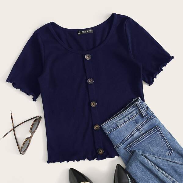 

Button Front Lettuce Edge Top, Navy blue
