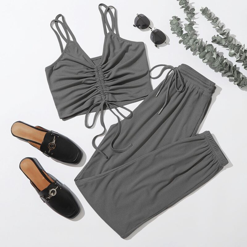 

Solid Drawstring Rib Cami & Joggers, Dark grey