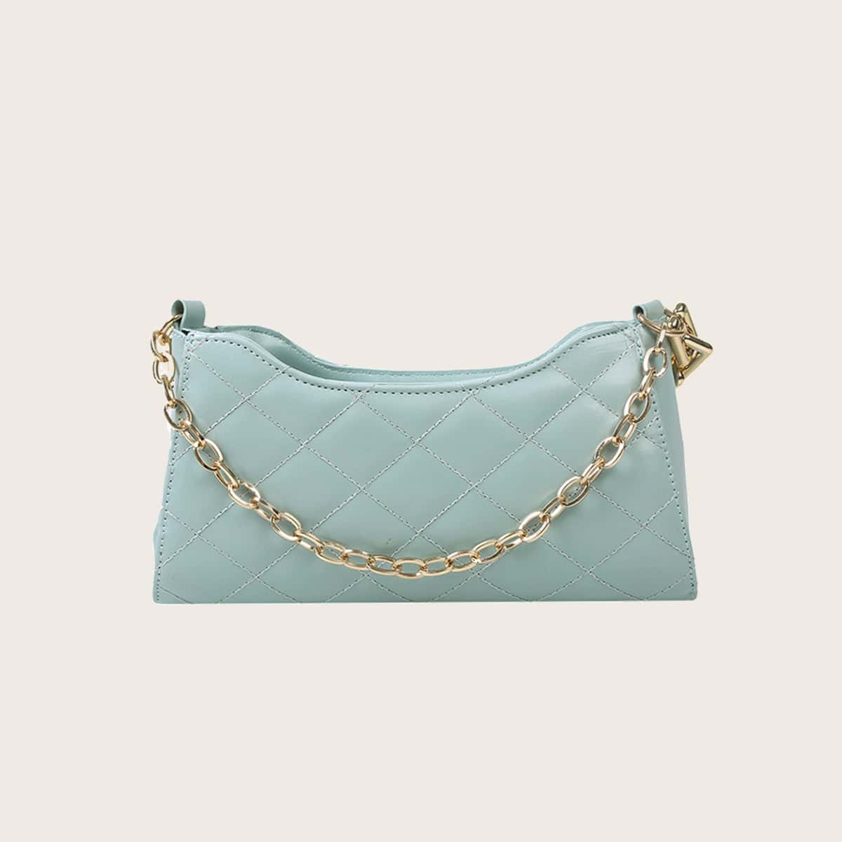 

Quilted Chain Decor Baguette Bag, Green