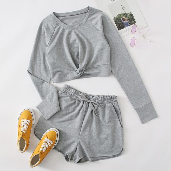 

Twist Hem Sweatshirt With Track Shorts, Grey