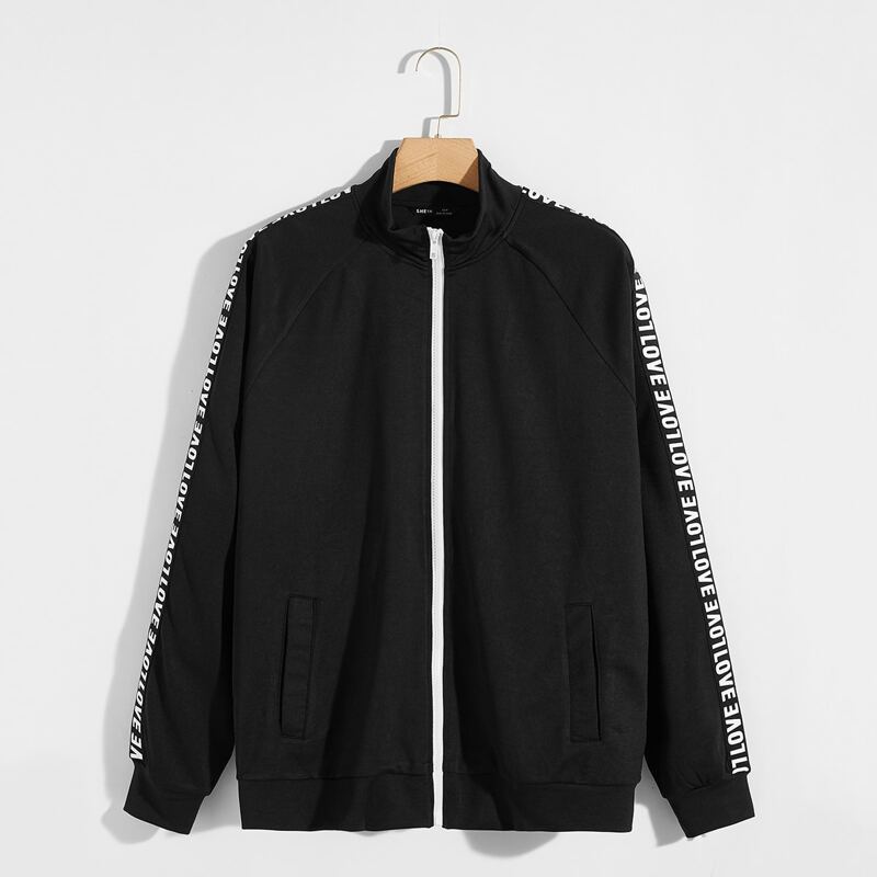 

Guys Raglan Sleeve Letter Tape Side Zipper Packet Jacket, Black
