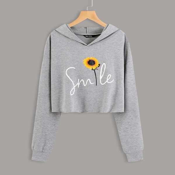 

Floral & Letter Graphic Crop Hoodie, Grey
