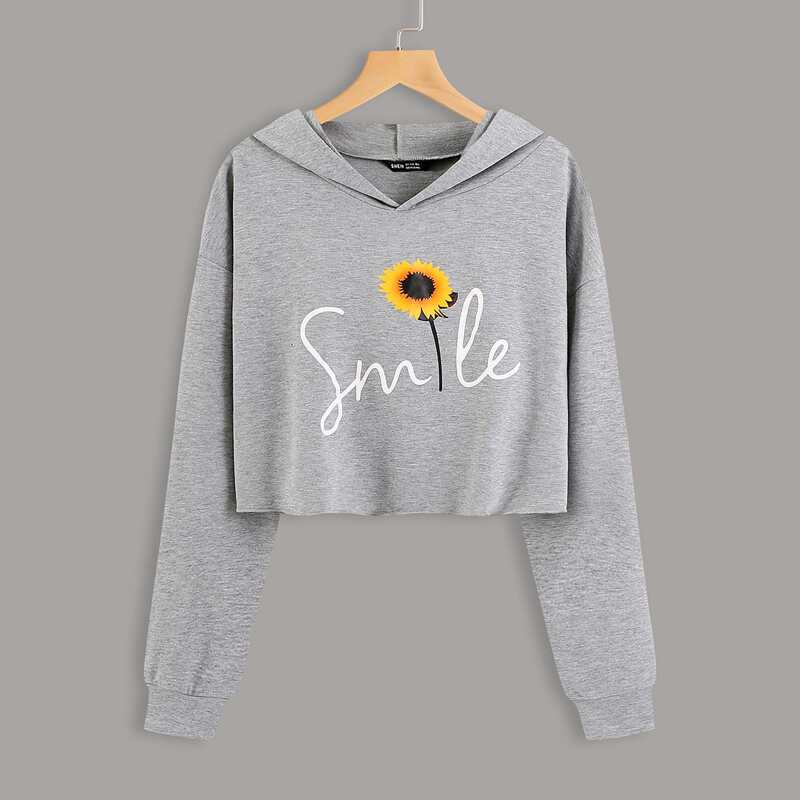 

Floral & Letter Graphic Crop Hoodie, Grey