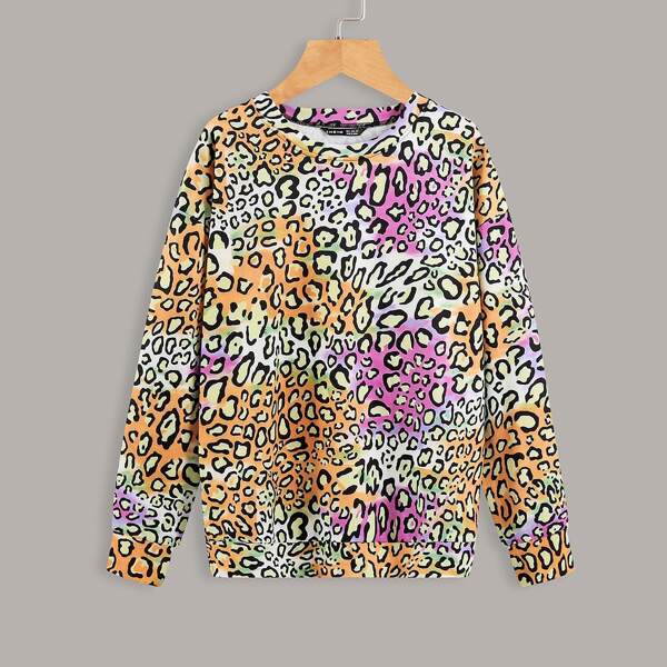 

Colorful Leopard Drop Shoulder Sweatshirt, Multicolor