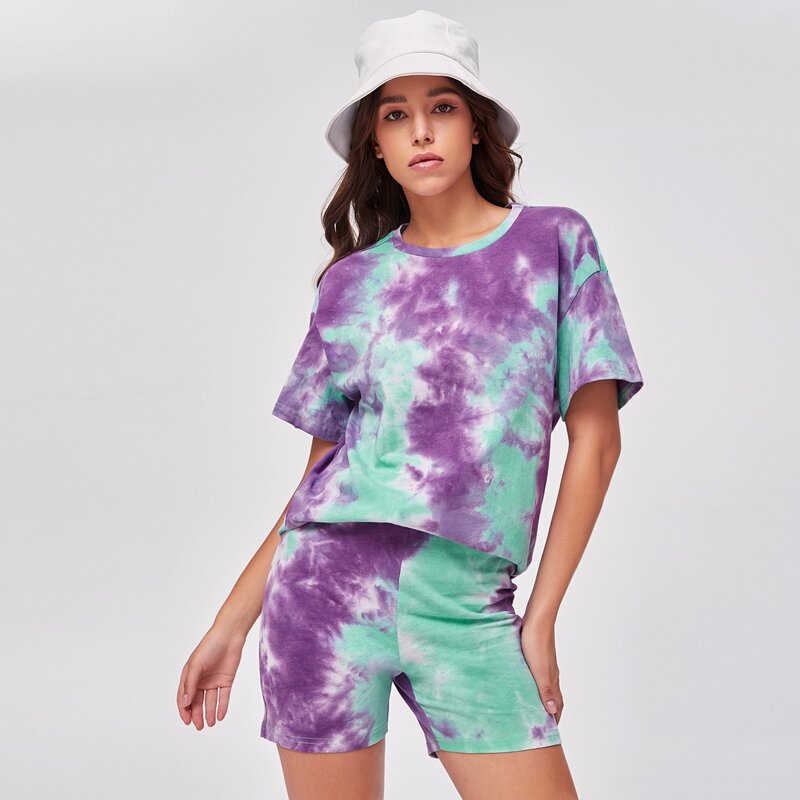 

Drop Shoulder Tie Dye Top & Biker Shorts Set, Multicolor