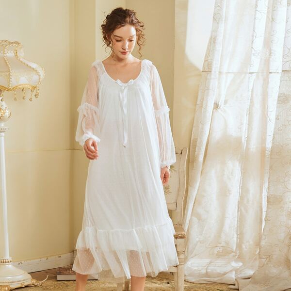 

Contrast Mesh Swiss Dot Bow Front Night Dress, White