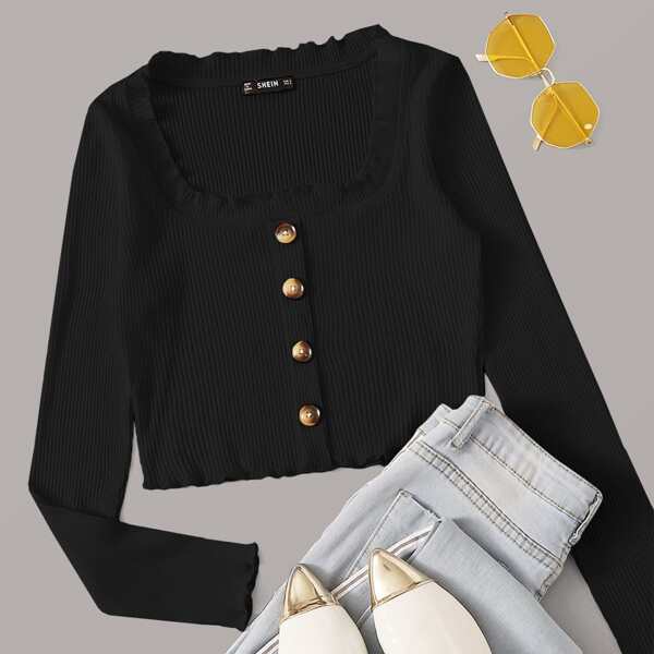 

Button Front Lettuce Edge Rib-knit Tee, Black