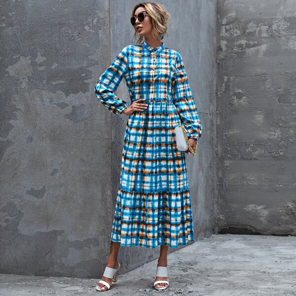 

Tie Dye Plaid Ruffle Hem Dress, Multicolor