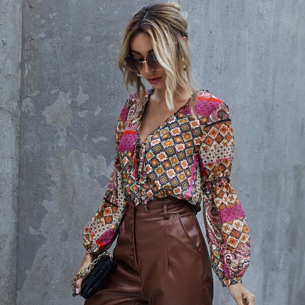 

Tribal Print Frill Trim Lace Up Knot Front Blouse, Multicolor