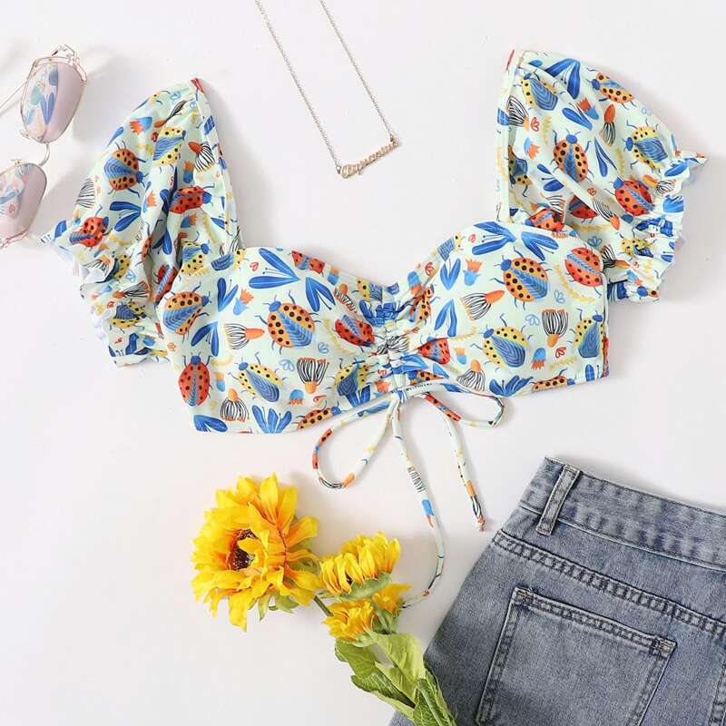 

Ladybug Print Drawstring Bikini Top, Multicolor