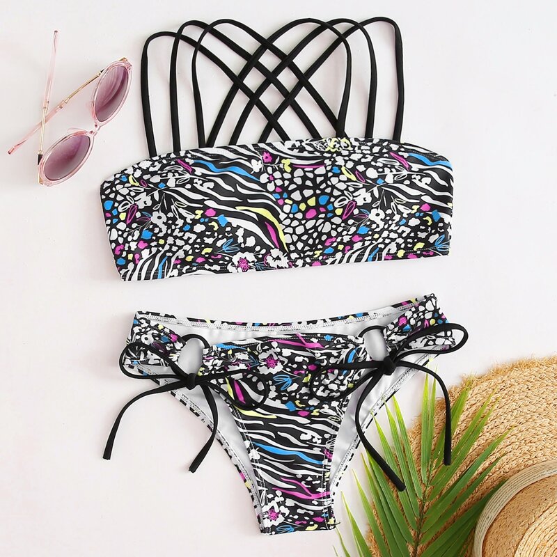 

Floral Crisscross Tie Side Bikini Swimsuit, Multicolor