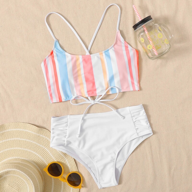 

Stripe Lace-up Back Bikini Swimsuit, Multicolor