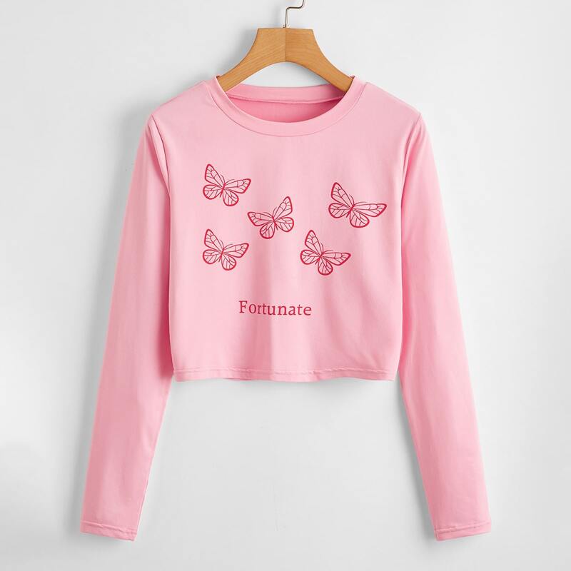 

Butterfly Print Tee, Baby pink