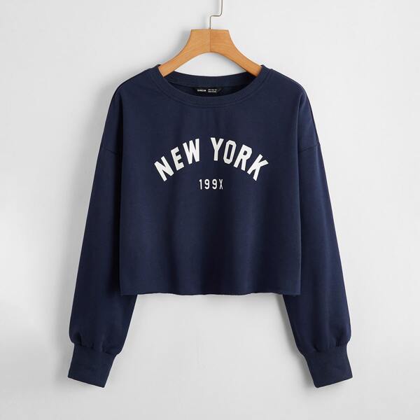 

Letter Graphic Drop Shoulder Crop Pullover, Navy blue