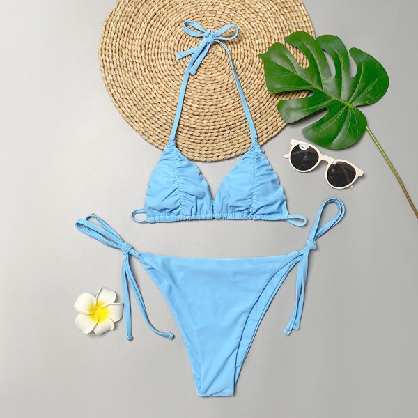 

Ruched Triangle Tie Side Bikini Swimsuit, Pastel baby blue