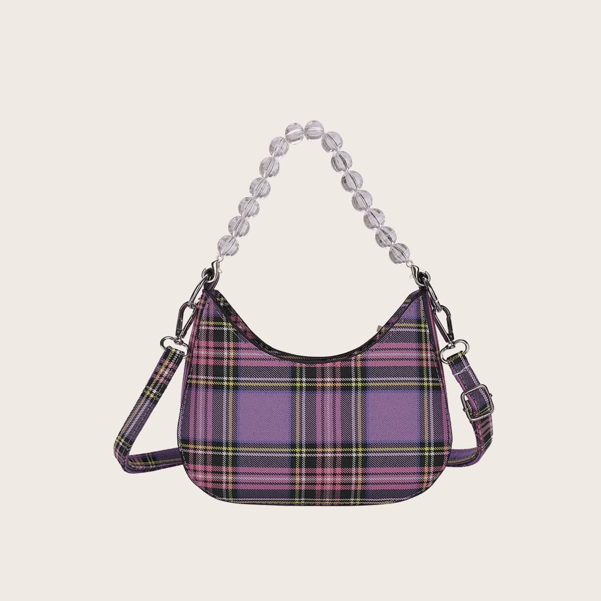 

Tartan Beaded Decor Baguette Bag, Purple