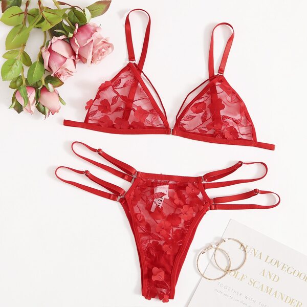 

Floral Cut-out Mesh Lingerie Set, Red
