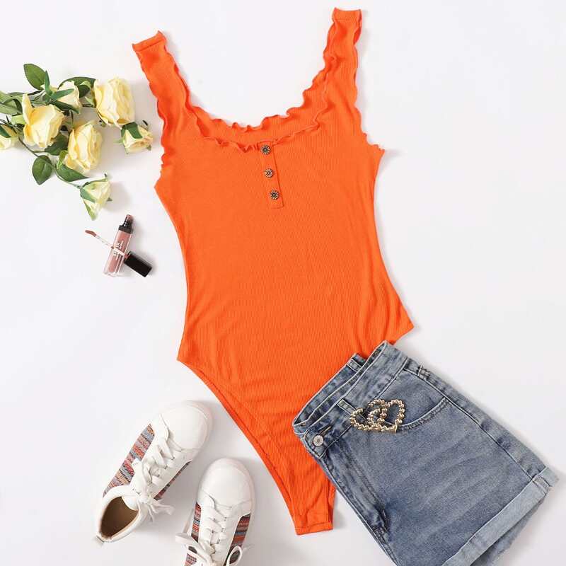 

Neon Orange Button Front Lettuce Edge Bodysuit, Orange neon