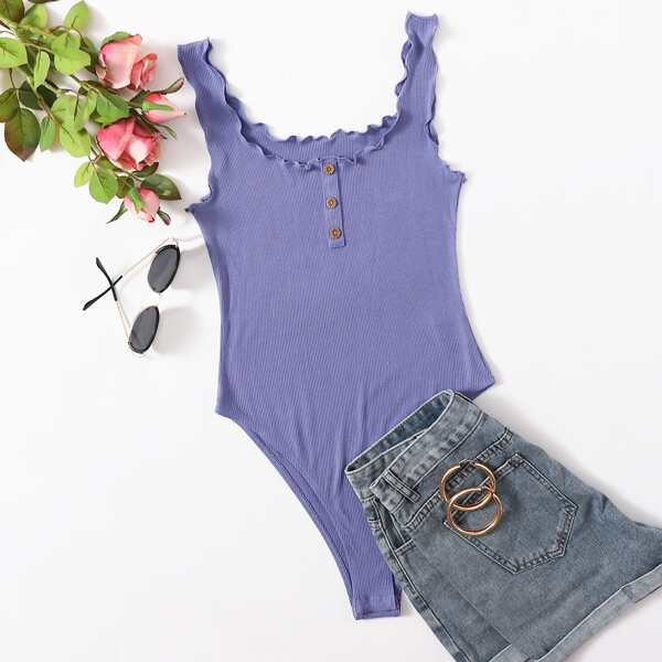 

Button Front Lettuce Edge Bodysuit, Violet purple