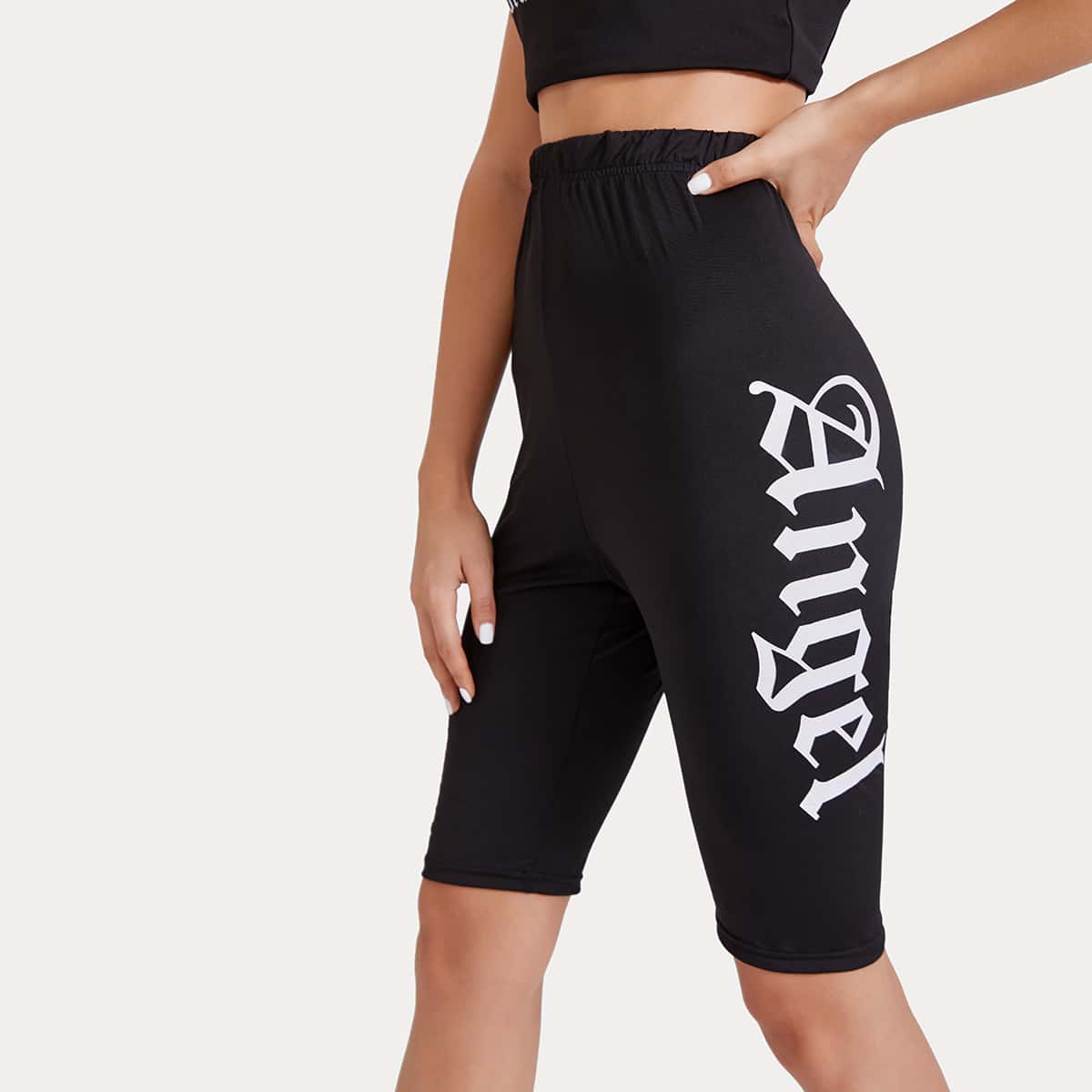 

Letter Graphic Biker Shorts, Black