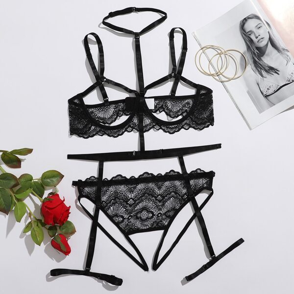 

Floral Lace Cupless Harness Lingerie Set, Black