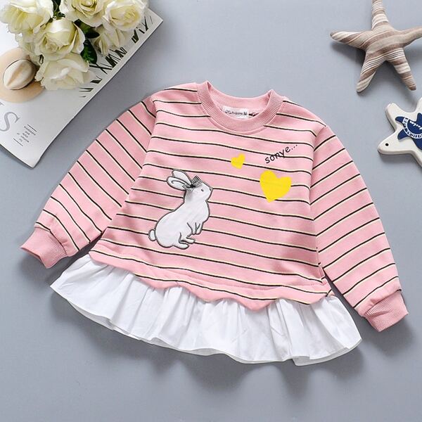 

Toddler Girls Embroidery Contrast Ruffle Hem Striped Sweatshirt, Baby pink