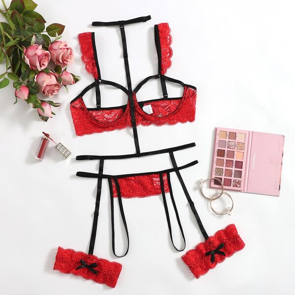 

Lace Cut-out Crotchless Harness Lingerie Set, Red