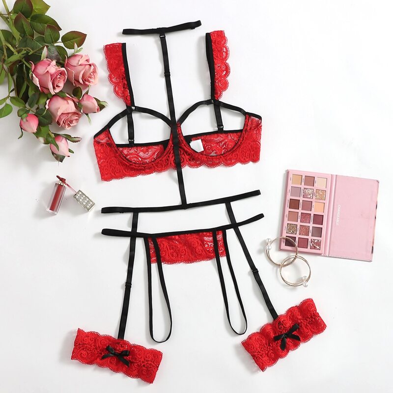 

Lace Cut-out Crotchless Harness Lingerie Set, Red