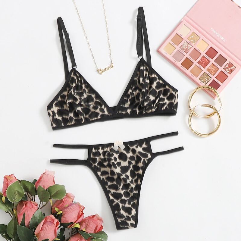 

Leopard Cut-out Thong Lingerie Set, Black