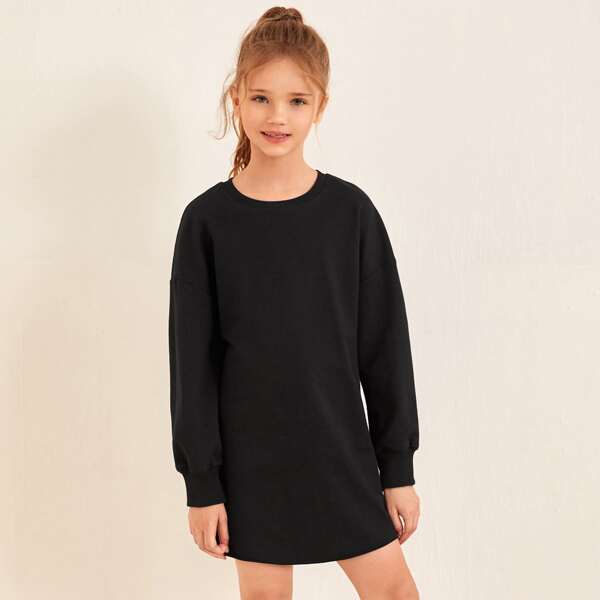 

Girls Drop Shoulder Solid Sweatshirt Dress, Black