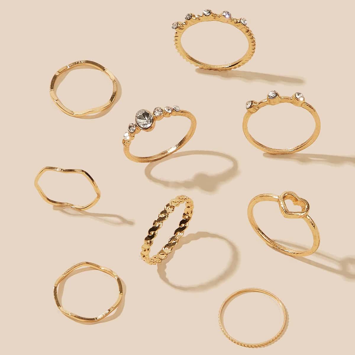 

9pcs Rhinestone & Heart Design Ring, Gold