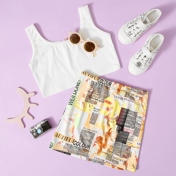 

Girls Crop Tank Top and Newspaper Print Skirt Set, Multicolor