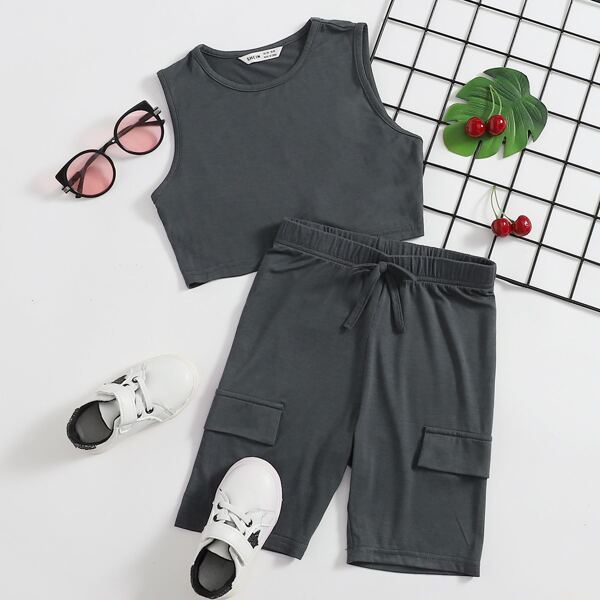 

Girls Solid Tank Top and Flap Detail Biker Shorts Set, Dark grey