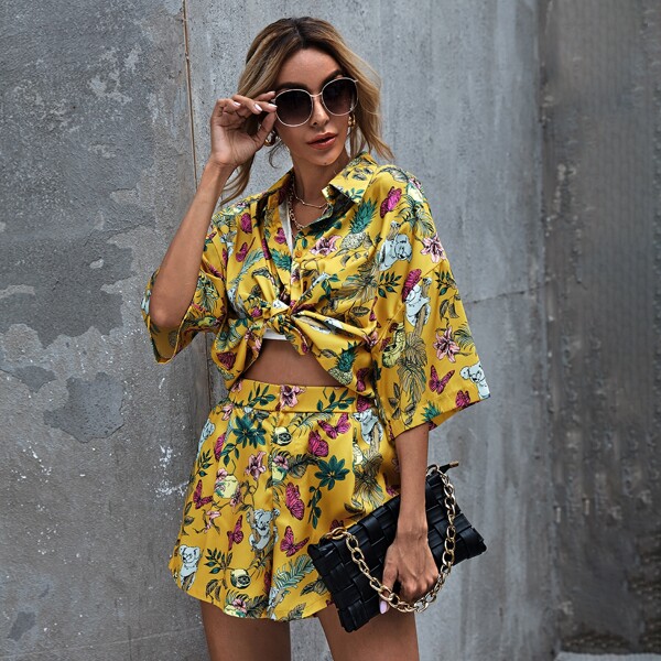 

Floral & Pineapple Print Drop Shoulder Blouses, Multicolor