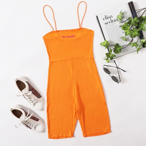 

Neon Orange Letter Embroidered Unitard Romper, Orange neon