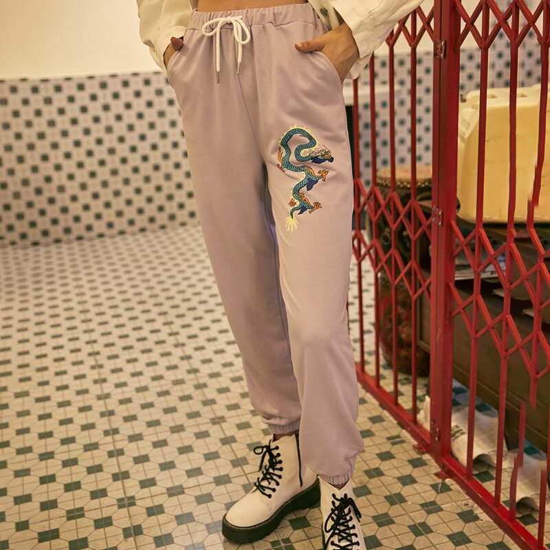 

Dragon Graphic Drawstring Sweatpants, Lilac purple