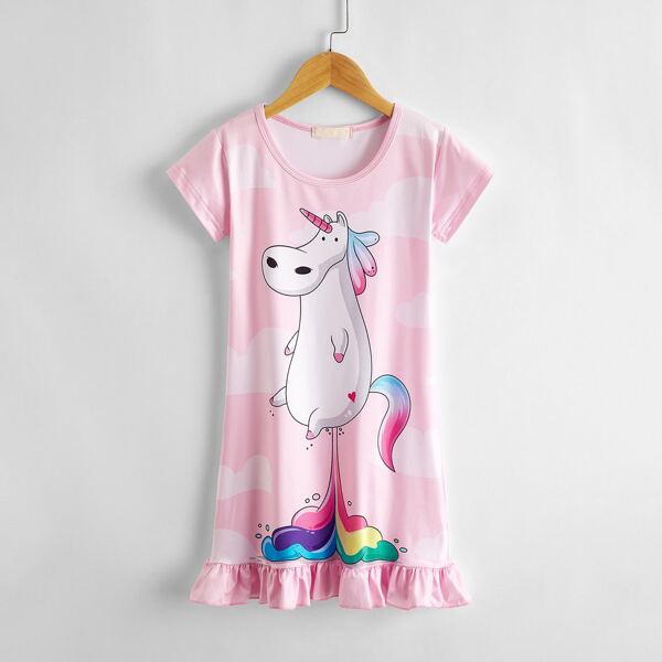 

Girls Cartoon Graphic Ruffle Hem Dress, Baby pink