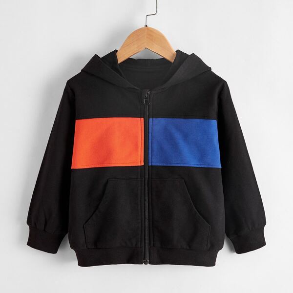 

Toddler Boys Contrast Panel Zip Up Hooded Sweatshirt, Black