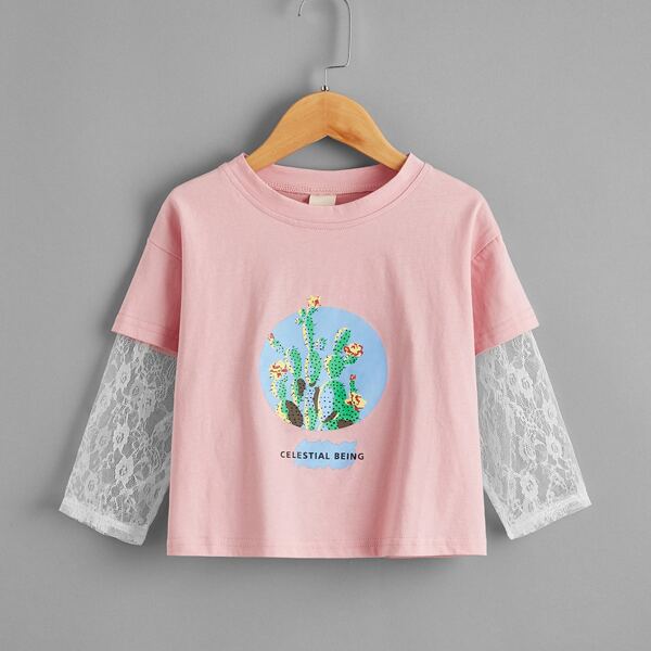 

Toddler Girls Contrast Lace Cactus Print Combo Tee, Baby pink