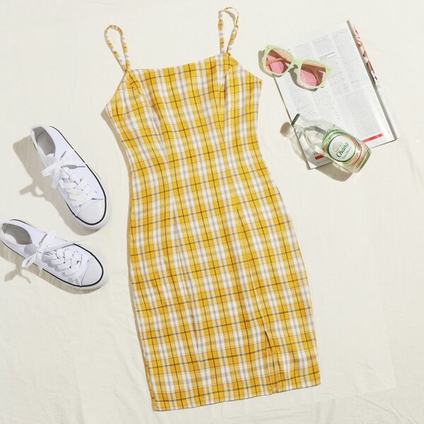 

Split Hem Tartan Dress, Yellow