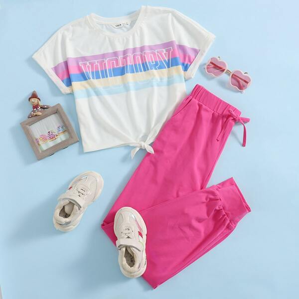 

Girls Letter and Striped Print Tie Hem Top & Pants Set, Multicolor