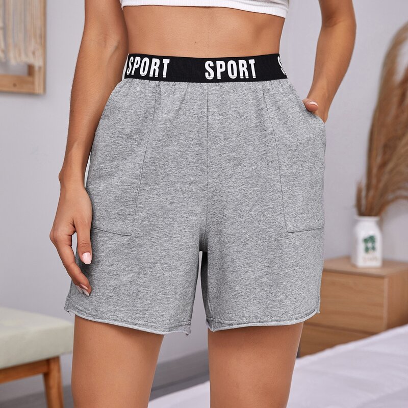 

Letter Waistband Slant Pocket Shorts, Grey