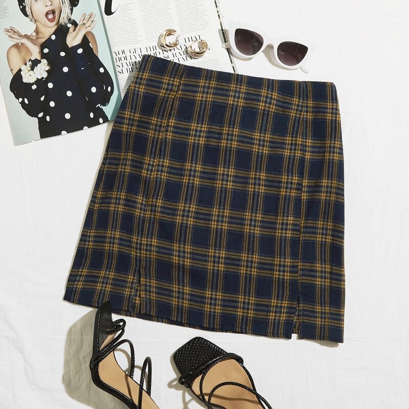 

Split Hem Tartan Skirt, Multicolor